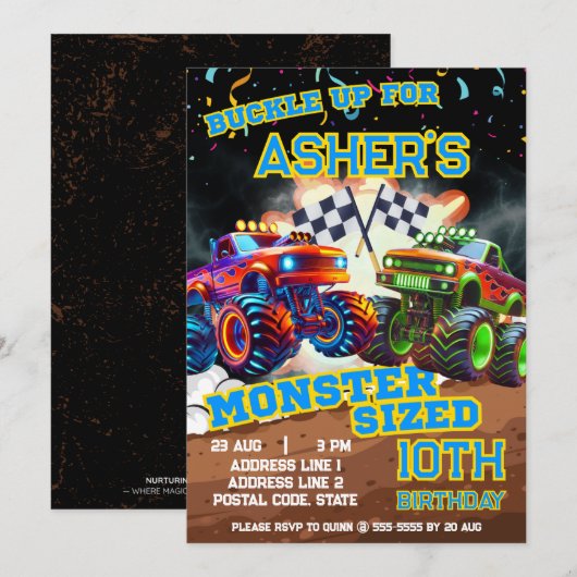 Personalized Epic Monster Truck Showdown Birthday 招待状 (正面/裏面)