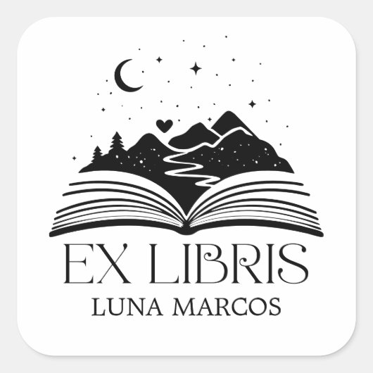 Personalized Ex Libris with a Book and Stars Heart スクエアシール (正面)