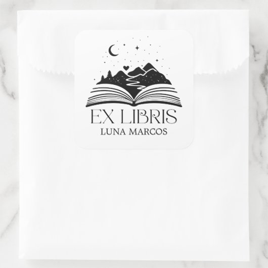 Personalized Ex Libris with a Book and Stars Heart スクエアシール (バッグ)