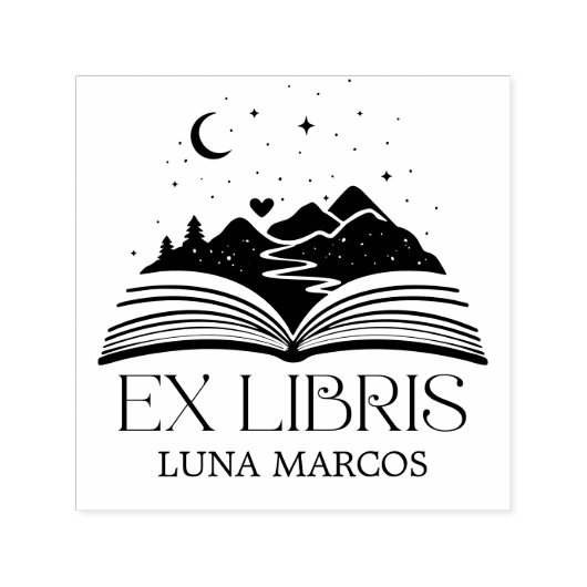 Personalized Ex Libris with a Book and Stars Heart セルフインキングスタンプ (デザイン)