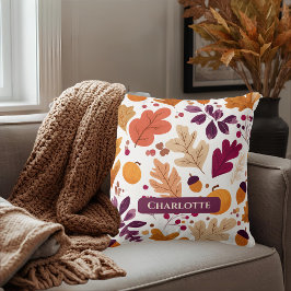 Personalized Fall Pillow – Autumn Leaves & Acorns  クッション
