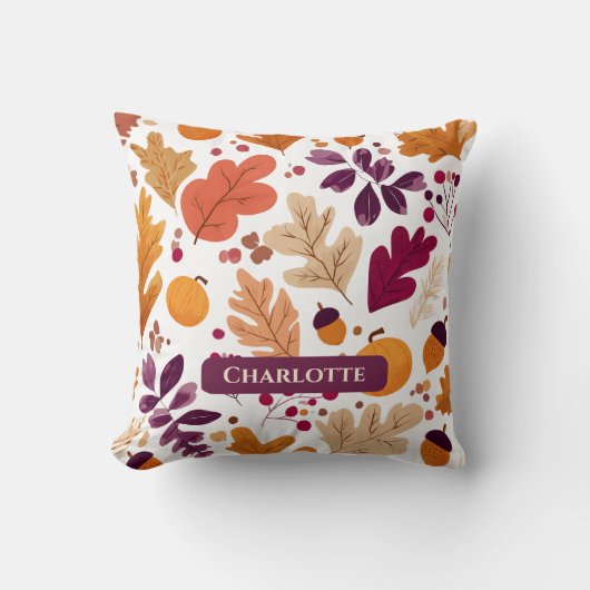 Personalized Fall Pillow – Autumn Leaves & Acorns クッション (正面)