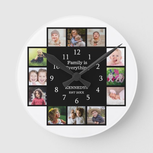 Personalized Family 12 Photo Collage Frame Black ラウンド壁時計 (正面)