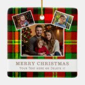 Personalized Family 3 Photo Green Plaid Christmas セラミックオーナメント (裏面)