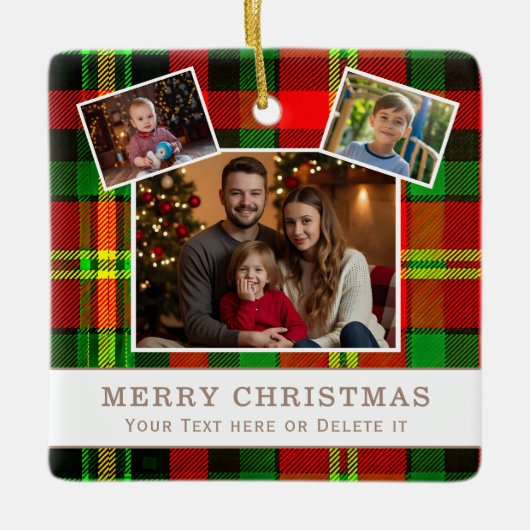 Personalized Family 3 Photo Green Plaid Christmas セラミックオーナメント (正面)