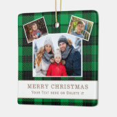Personalized Family 3 Photo Green Plaid Christmas  セラミックオーナメント (左)