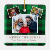 Personalized Family 3 Photo Green Plaid Christmas  セラミックオーナメント (裏面)