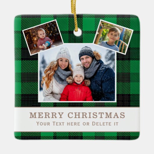 Personalized Family 3 Photo Green Plaid Christmas  セラミックオーナメント (正面)