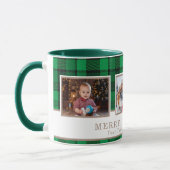 Personalized Family 3 Photo Green Plaid Christmas マグカップ (左)