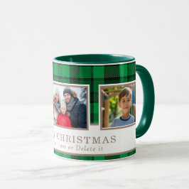 Personalized Family 3 Photo Green Plaid Christmas  マグカップ