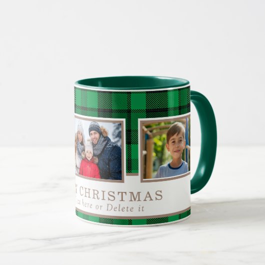 Personalized Family 3 Photo Green Plaid Christmas マグカップ (正面右)