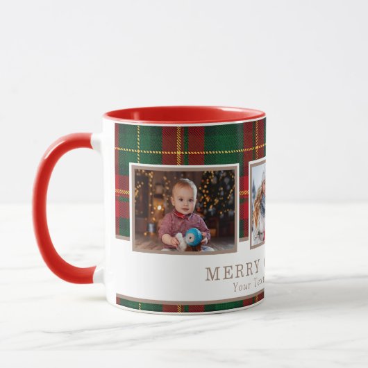 Personalized Family 3 Photo Plaid Christmas  マグカップ (左)