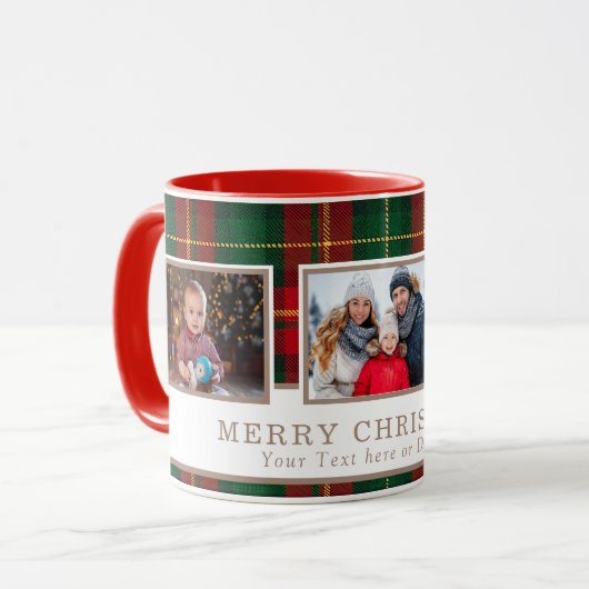 Personalized Family 3 Photo Plaid Christmas  マグカップ (正面左)
