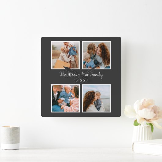 Personalized family 4 photo collage template スクエア壁時計 (ホーム)