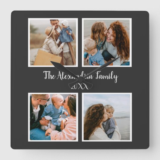 Personalized family 4 photo collage template スクエア壁時計 (正面)