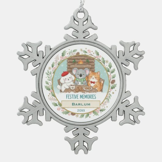 Personalized Family Keepsake スノーフレークピューターオーナメント (正面)