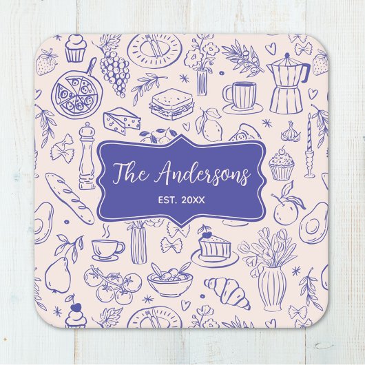 Personalized Family Name Cute Hand Drawn Food スクエアペーパーコースター