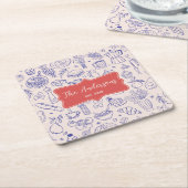 Personalized Family Name Cute Hand Drawn Food スクエアペーパーコースター (アングル)