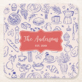 Personalized Family Name Cute Hand Drawn Food スクエアペーパーコースター (正面)