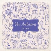 Personalized Family Name Cute Hand Drawn Food スクエアペーパーコースター (正面)