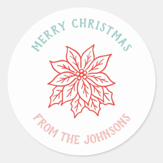 Personalized Family Name Merry Christmas Flower ラウンドシール (正面)