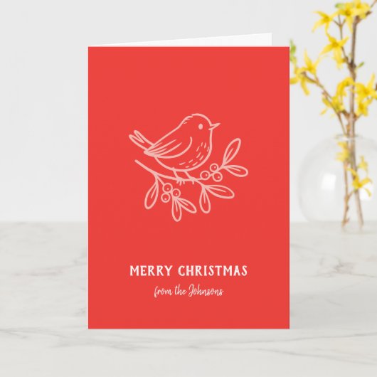 Personalized Family Name Merry Christmas Robin カード (黄色い花)