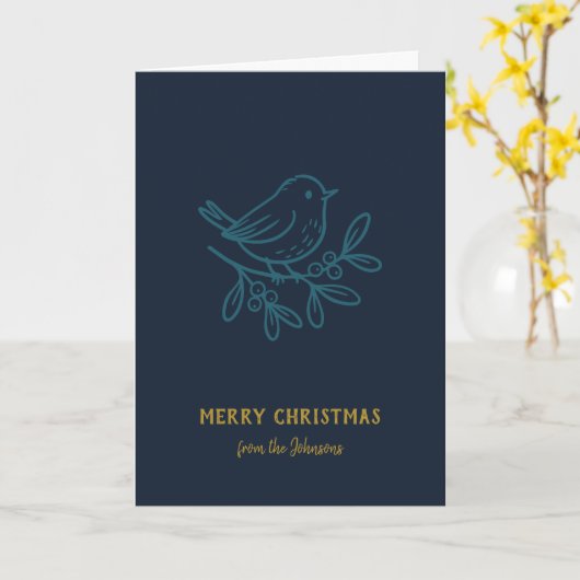 Personalized Family Name Merry Christmas Robin カード (黄色い花)