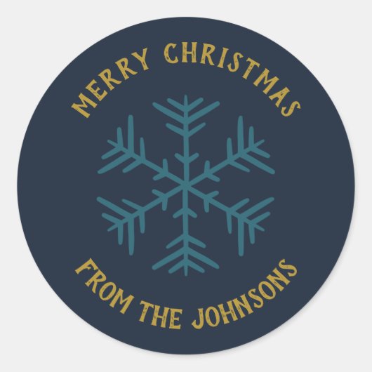 Personalized Family Name Merry Christmas Snowflake ラウンドシール (正面)