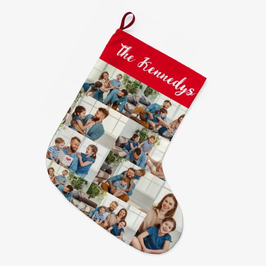 Personalized Family Name & Photo Collage Christmas ラージクリスマスストッキング (正面 (吊り時))