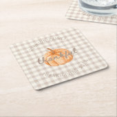 Personalized Family Name Thankful Neutral Gingham  スクエアペーパーコースター (アングル)