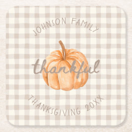 Personalized Family Name Thankful Neutral Gingham  スクエアペーパーコースター