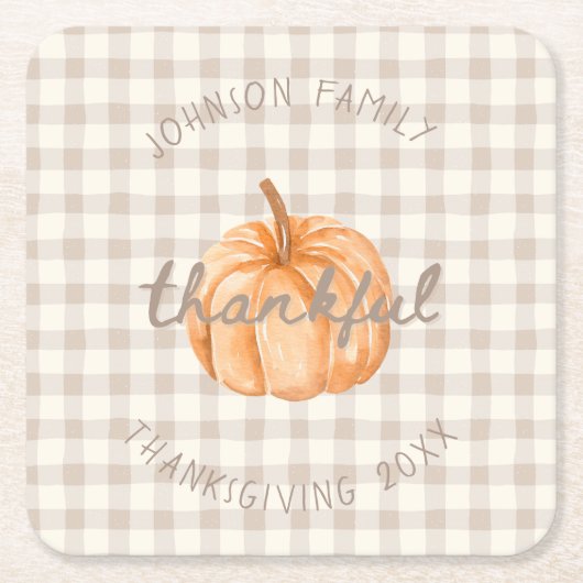 Personalized Family Name Thankful Neutral Gingham  スクエアペーパーコースター (正面)
