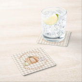 Personalized Family Name Thankful Neutral Gingham スクエアペーパーコースター (インサイチュ)