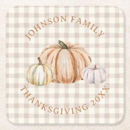 Personalized Family Name Thankful Neutral Gingham スクエアペーパーコースター