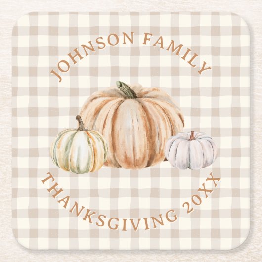 Personalized Family Name Thankful Neutral Gingham スクエアペーパーコースター (正面)
