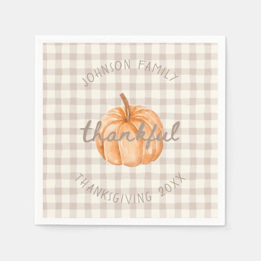 Personalized Family Name Thankful Neutral Gingham スタンダードカクテルナプキン (正面)