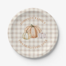 Personalized Family Name Thankful Neutral Gingham ペーパープレート