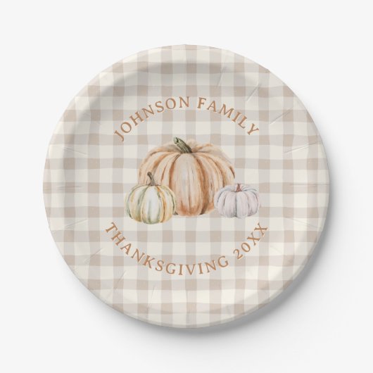 Personalized Family Name Thankful Neutral Gingham ペーパープレート (正面)