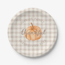 Personalized Family Name Thankful Neutral Gingham  ペーパープレート