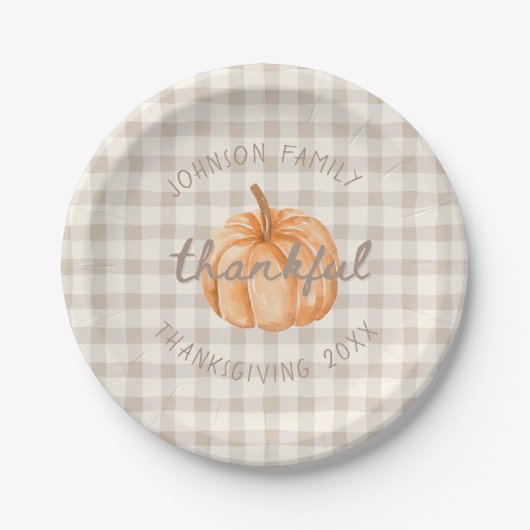 Personalized Family Name Thankful Neutral Gingham  ペーパープレート (正面)