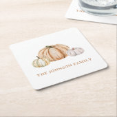 Personalized Family Name Thankful Neutral Pumpkin スクエアペーパーコースター (アングル)