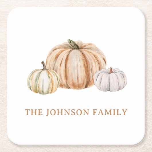 Personalized Family Name Thankful Neutral Pumpkin スクエアペーパーコースター (正面)
