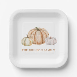 Personalized Family Name Thankful Neutral Pumpkin ペーパープレート