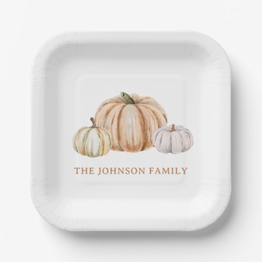 Personalized Family Name Thankful Neutral Pumpkin ペーパープレート (正面)