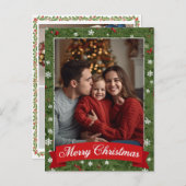 Personalized Family Photo Christmas Greenery シーズンポストカード (正面/裏面)