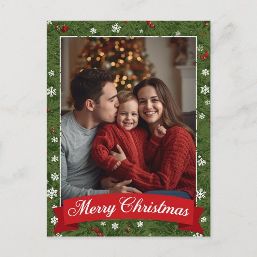 Personalized Family Photo Christmas Greenery シーズンポストカード (正面)