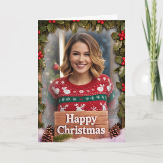 Personalized Family Photo Christmas Rustic Wood カード