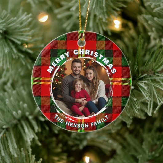 Personalized Family Photo Plaid Pattern Christmas セラミックオーナメント (ツリー)