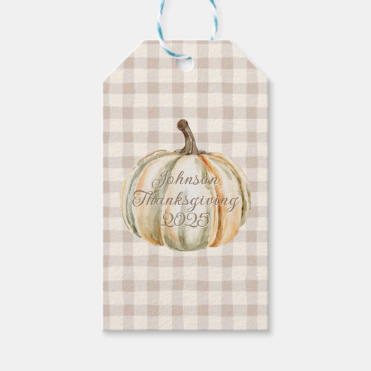 Personalized Family Thanksgiving Neutral Gingham  ギフトタグ (正面)