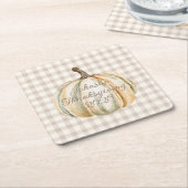 Personalized Family Thanksgiving Neutral Gingham スクエアペーパーコースター (アングル)